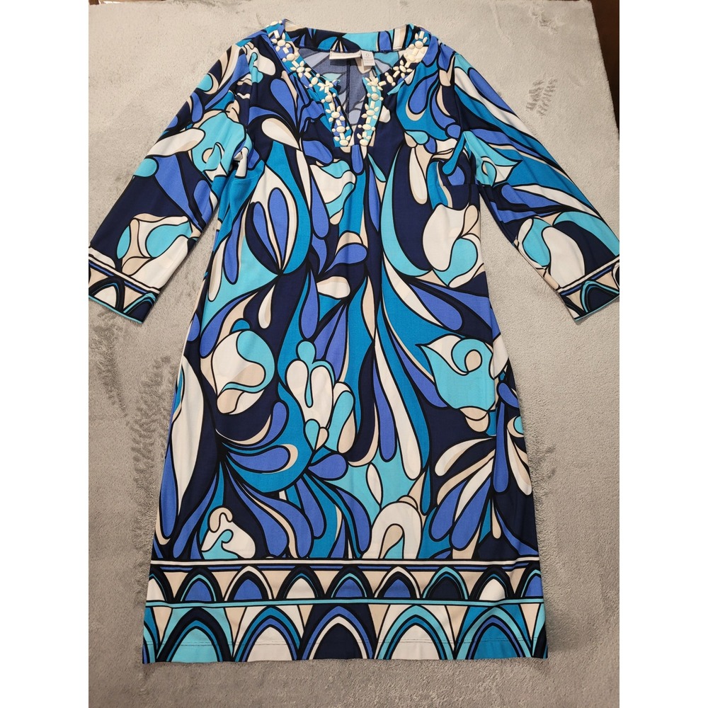 Chico's Shift Dress Women 0 Blue White Abstract Beaded Split Neck Mod
